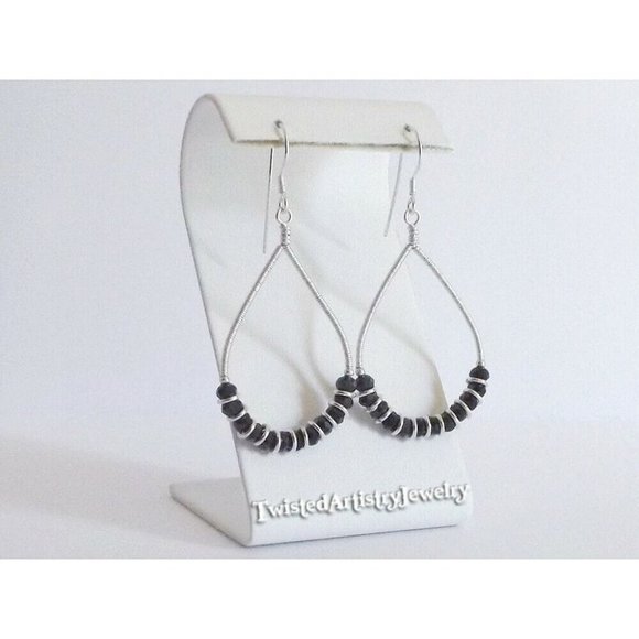 Black Crystals and Silver Wire Wrapped Teardrop Hoop Earrings Handmade - Picture 1 of 3
